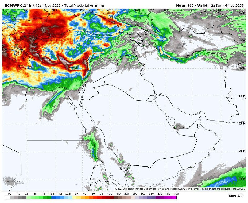 چشم‌انداز بارش ۱۵ روز آینده در ایران و منطقه (بر پایه مدل ECMWF)