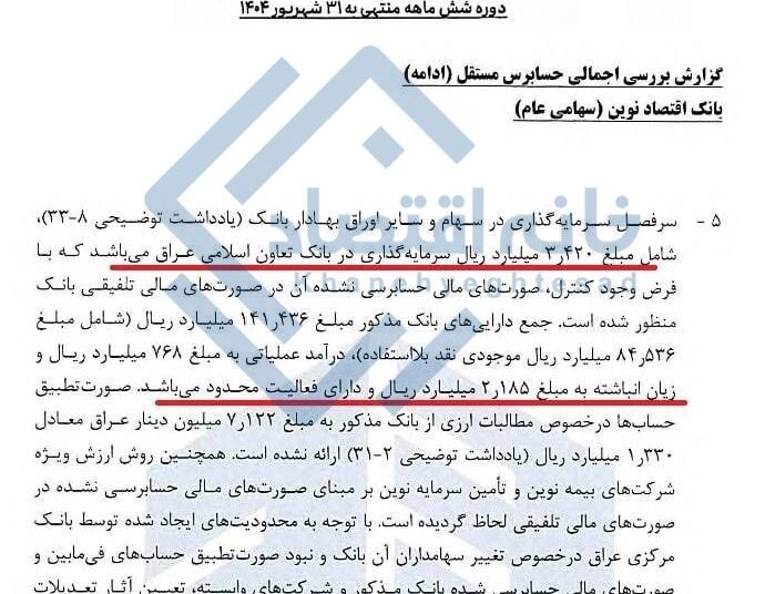 سرمایه‌گذاری عجیب بانک اقتصاد نوین در یک بانک ورشکسته عراقی!