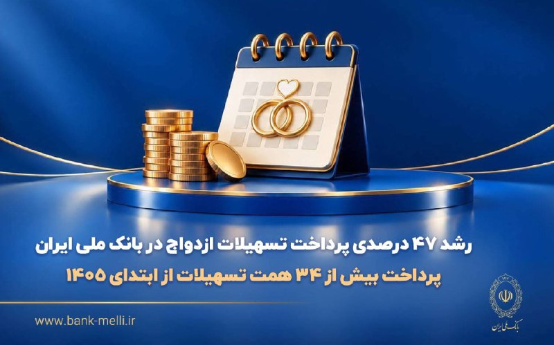 🔺رشد ۴۷ درصدی پرداخت تسهیلات ازدواج در بانک ملی ایران/ پرداخت بیش از ۳۴ همت تسهیلات از ابتدای ۱۴۰۵
